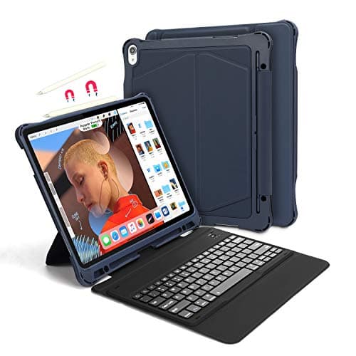 iPad Pro 12.9 Keyboard + Leather Case, Vivefox Wireless iPad Keyboard + Folio Smart Keyboard Case, with Pencil Holder, Auto Wake/Sleep Feature for Apple iPad Pro 12.9 inch (2018 Blue)