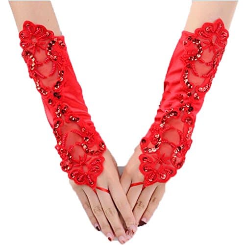 Formal Women Sexy Long Fingerless Beaded Satin Bride Gloves Evening Party Red