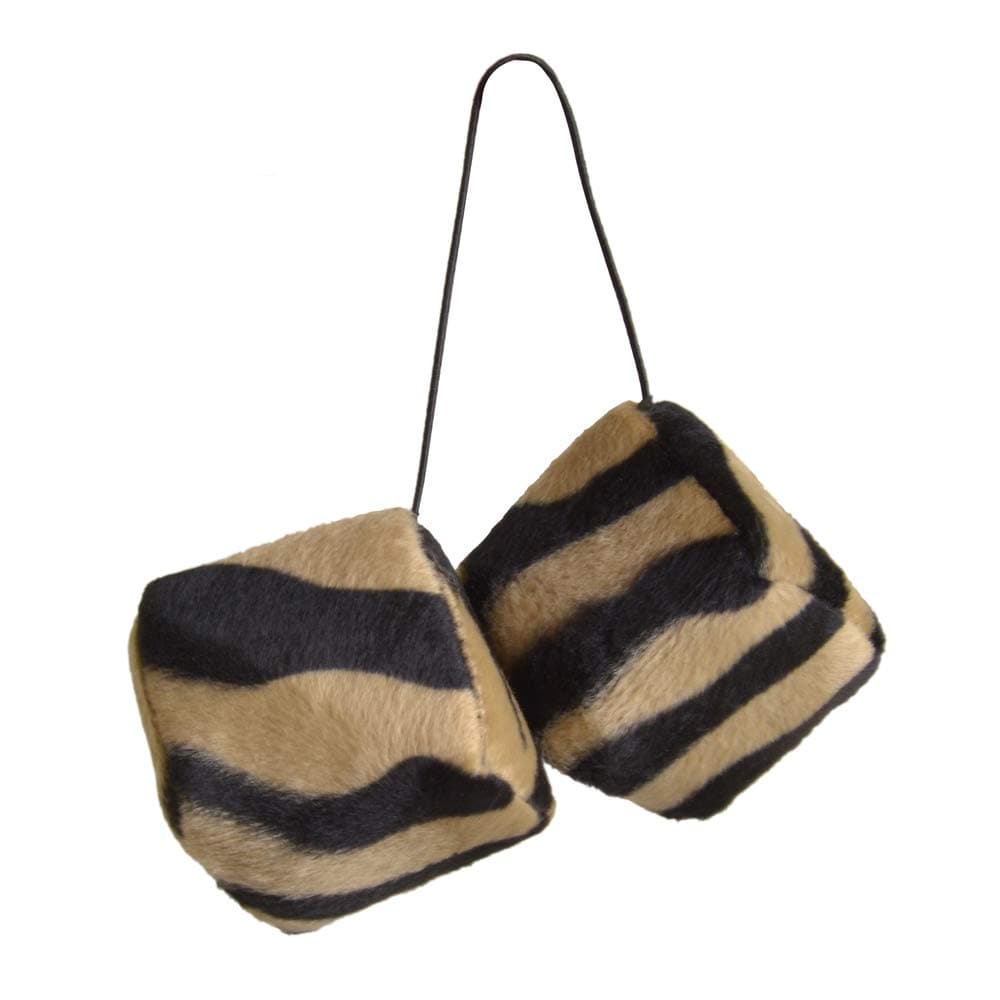 Hanging Car Dice - Novelty Fuzzy Vintage Animal Print (Beige Zebra)