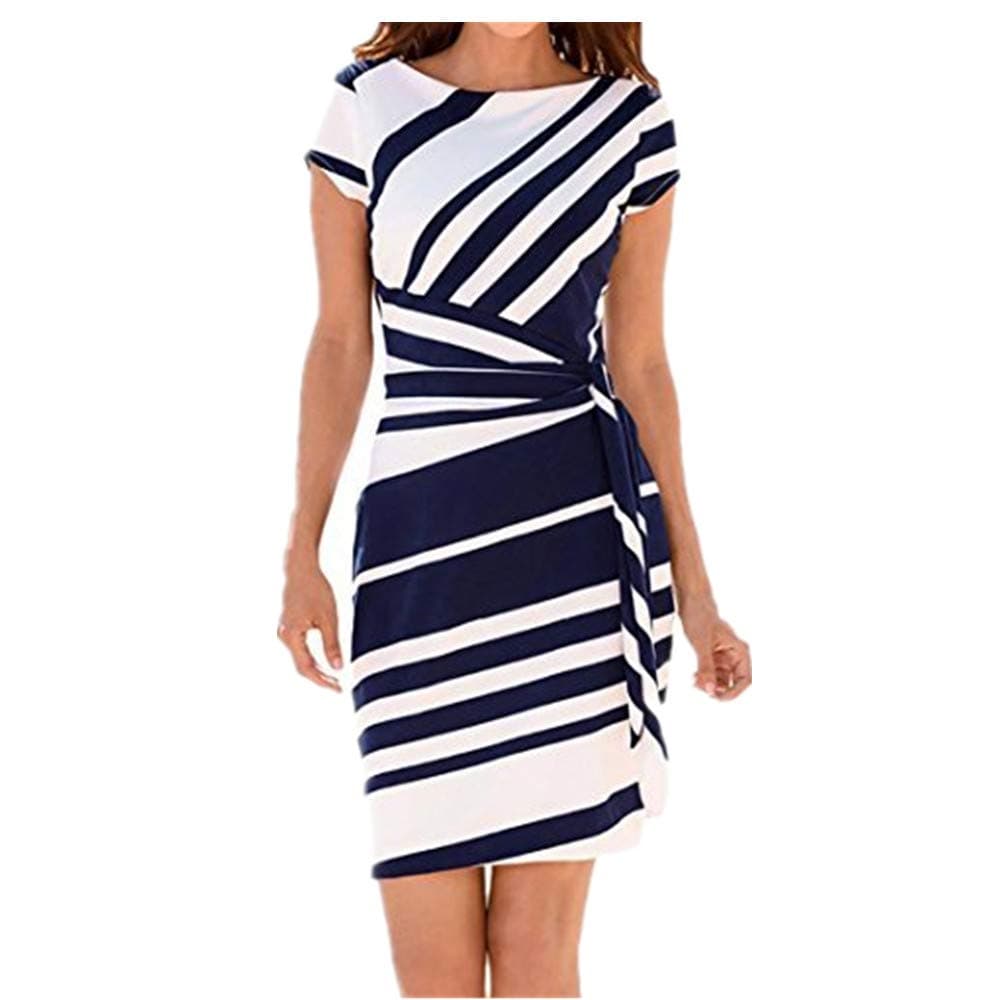 Nikuya Women's Casual Mini Dresses Working Dresses Pencil Stripe Party Dress White Evening Dresses (Blue, S)