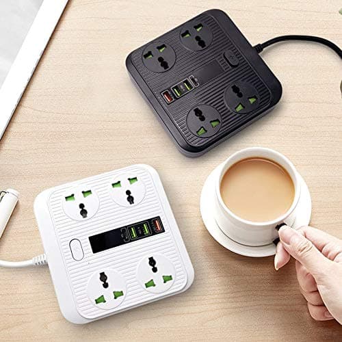 Extension Lead Universal Outlets with 4 USB Ports 4 Way Power Strips Surge Protector 2M/ Bold Cord Switch Portable Charger Fuse and Shutter Charging Hub Station 40W Super Quik Charge (Black)