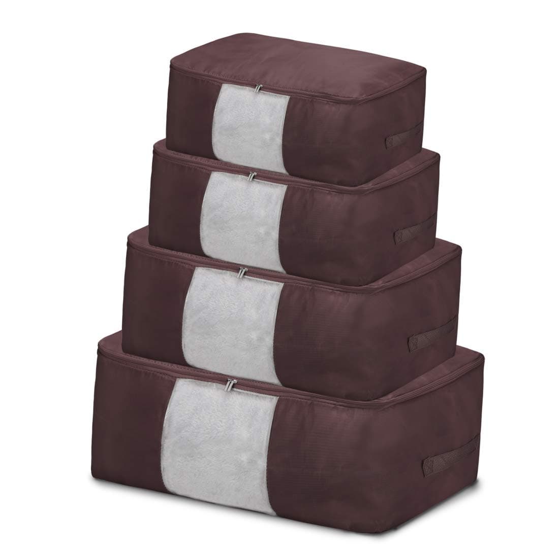 4 Different Size UnderBed Storage Bags with Clear Window, Large Size Foldable Clothes Storage Bags With Reinforced Handles, Soft Bags for Comforters, Bedding, Duvets, Closet, Sweater, Blankets(Brown)