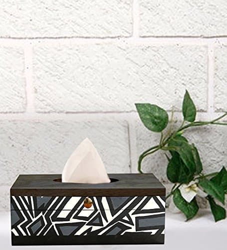 Handpainted Rectangular Classic Wooden Tissue Box Holder - Black & White, Decorative Room/Car/Office Tissue Paper Napkin Container-For Classy,Vintage & Unique Decor By Klamod India
