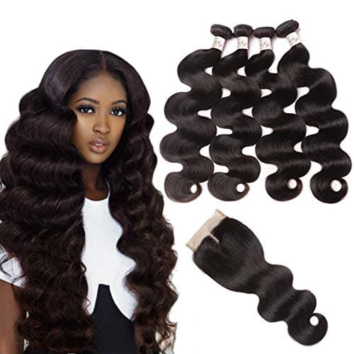 Brazilian Body Wave Bundles with Closure (18 20 22 24 with 16 Middle Part) 10A Unprocessed 4 Bundles Virgin Human Hair Bundles With Lace Closure Natural Black Color Mixed Length