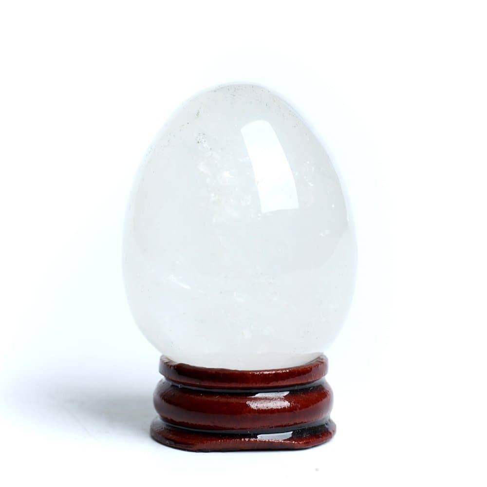 HongJinTian Natural Clear Crystal Carved Eggs with Free Wood Stand Crystal Reiki Crafts Eggs for Chakra Healing