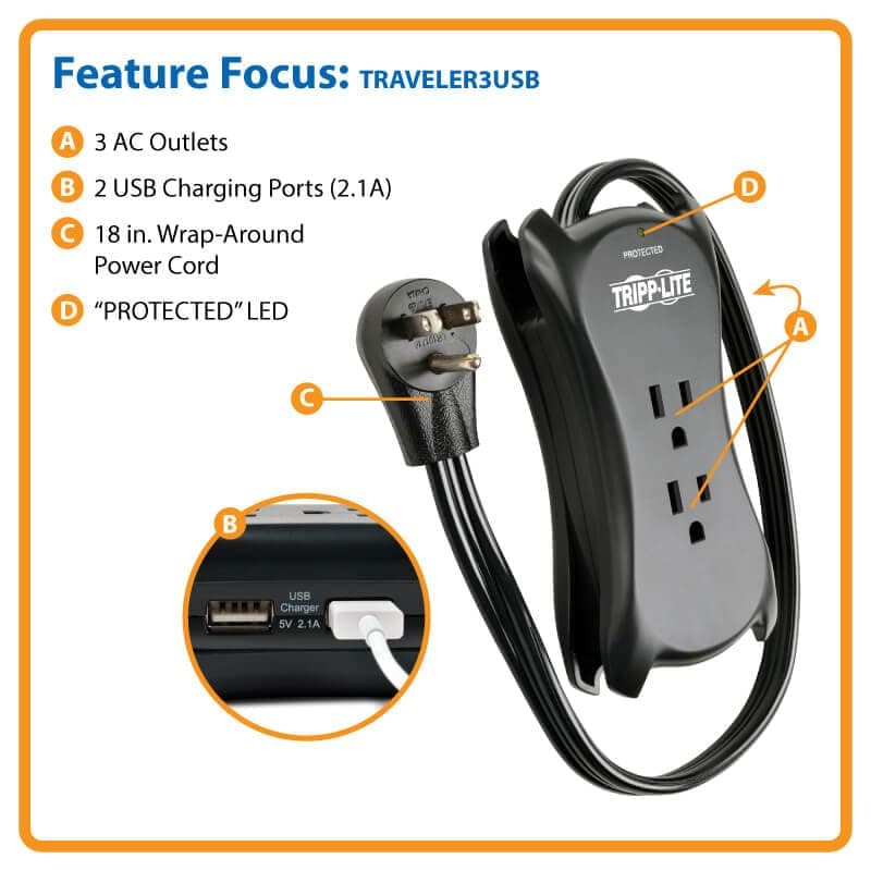 Eaton Tripp Lite TRAVELER3USB Travel Power Strip & USB Charger, Flat Plug, 1050 Joule Surge Protector, 2 USB Ports, 3-Outlets, 18" Cord & Cable Wrap, $25,000 Insurance