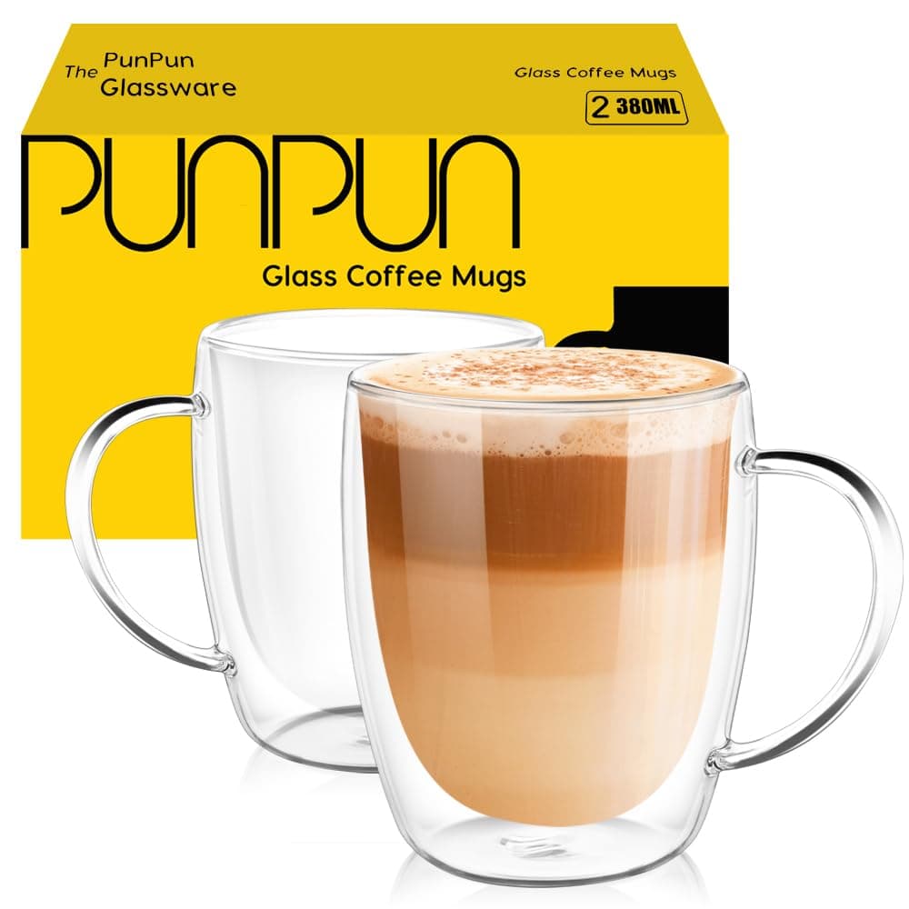 PunPun Coffee Cups Clear12.9OZ. 380ml Coffee Mugs, Espresso Cups,Double Wall Milk Cup with Big Handle,Perfect Mug for Hot Beverages, Latte, Cappuccinos Set of 2
