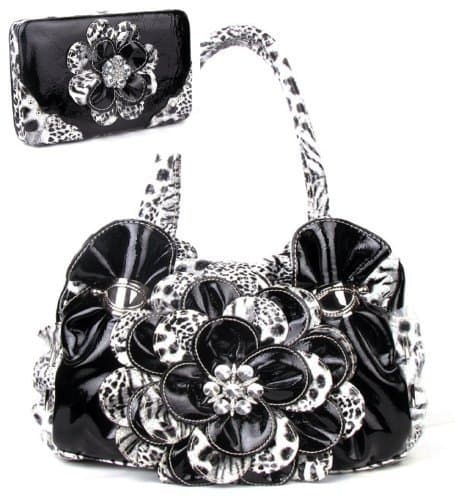 HBM Black Leopard Flower Rhinestone Fashion Handbag W Matching Wallet