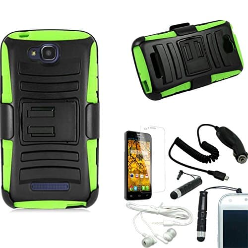 [STOP&ACCESORIZE] BLACK GREEN DUAL LAYER BELT CLIP COVER SIDE KICKSTAND CASE for ALCATEL ONE TOUCH FIERCE 2 + FREE ACCESSORY KIT