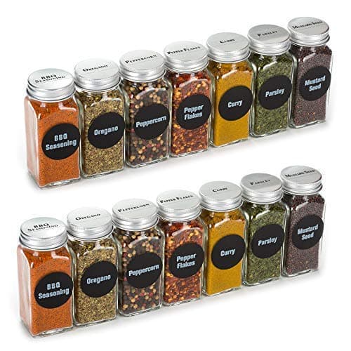 Premium Vials 4oz, BEST VALUE 14 Glass Spice Jars includes pre-printed 113 CLEAR PVC labels & round 126 CHALKBOARD labels. 14 Square Empty Jars, Airtight Cap, kitchen Funnel Pour/Sift Shakers