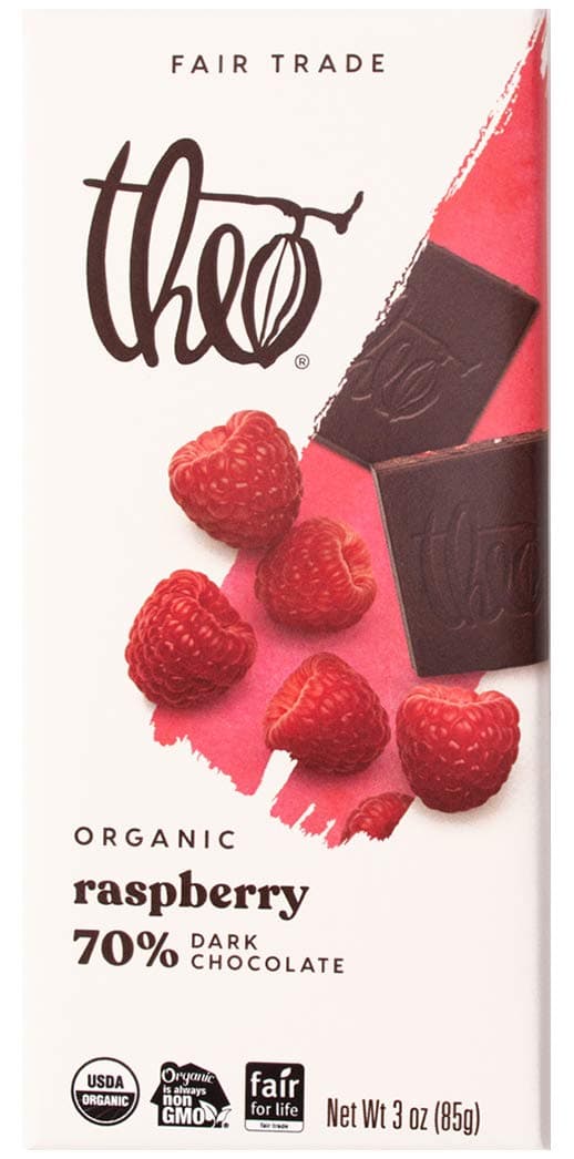 Theo Raspberry Organic Dark Chocolate Bar, 70% Cacao, 1 Bar | Vegan, Fair Trade