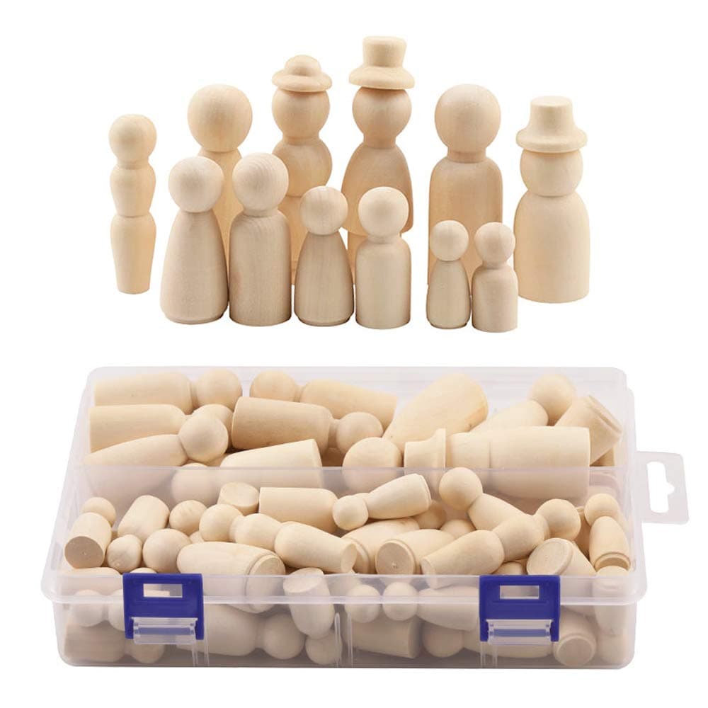 Wooden Peg Dolls, Unpainted DIY Decorative Nature Shapes for Kids Painting, Handmade Unfinished Weddings Cake Dolls Decor (55 pcs)