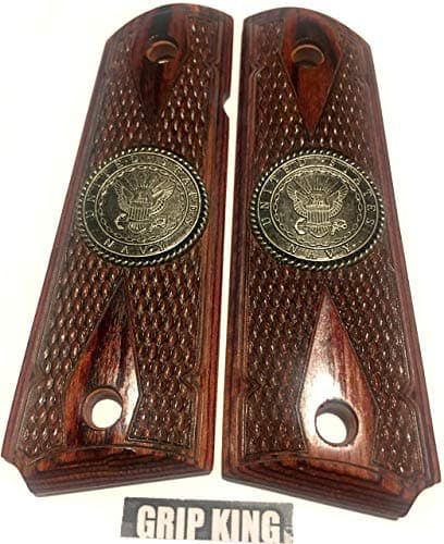 1911 GRIPS, SALE $41.73,U.S.NAVY ALL METAL MEDALLIONS.,BURLED ROSEWOOD.FITS COLT,SIG,RUGER,TAURUS,SPRINGFIELD,PARA,REMINGTON,WILSON,ACE,ITHACA S & W, CLONES. MADE IN U.S.A.