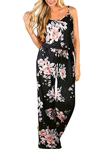 Women's Floral Printed Jumpsuits Solid Rompers Casual Comfy Striped Jumpsuit with Pockets