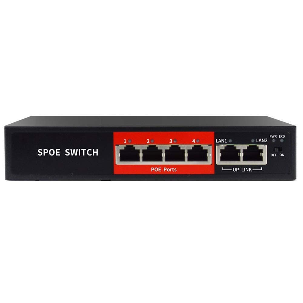 6 Port Fast Unmanaged Network PoE Switch 65W (4 Ports PoE + 2 Ports Uplink Switch) Shielded Ports Extend Up to 820ft, Sturdy Metal Desktop Wall Mountable Design IEEE 802.3af/at Plug and Play