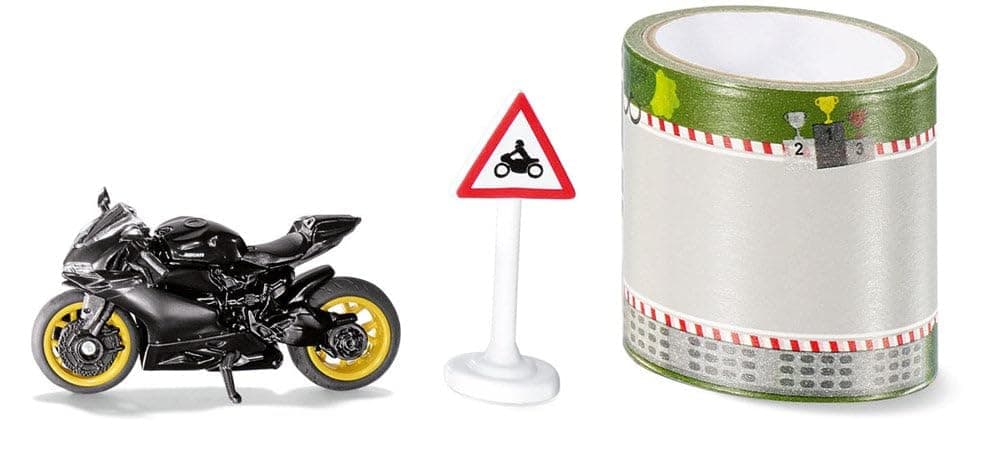 siku 1601, Ducati Panigale 1299 Motorbike with tape and traffic sign, Black, Metal,Plastic, Rubber tyres