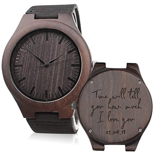 Custom Engraved Mens Vintage Analog Quartz Wooden Wrist Watches Handmade Casual Men Watch with Cowhide Leather Strap Personalized Gifts for Men Husband Boyfriend Dad