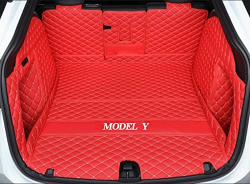 2026 Tesla Model Y Juniper 5 Seater Red Trunk Liner&Backseat Cover&High-Edge Panels&Trunk Door Sill Protector– Bold Full Coverage Cargo Mat
