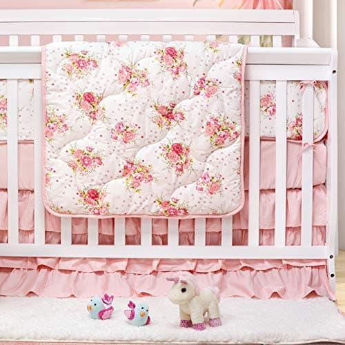 Brandream Crib Bedding Set Girl Floral Nursery Bedding Set, 3 Pieces Baby Comforter Set with Fitted Crib Sheet, Crib Skirt, 100% Cotton