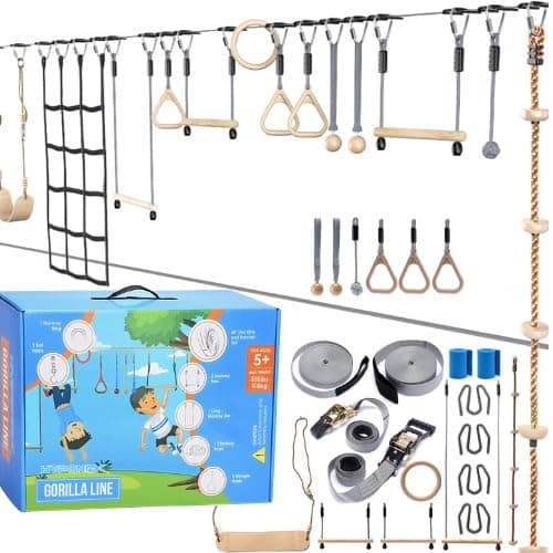 Hyponix Ninja Warrior Obstacle Course for Kids – 2 x 60 ft Slackline with 13 Outdoor Ninja Obstacles, Supports 880lbs – Monkey Net, Ratchet-Tight Tech, Climbing, Swinging & Balance Training, Ages 3+