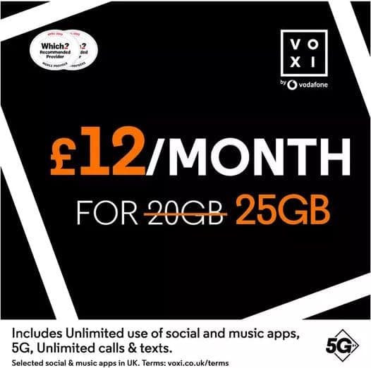 VOXI Sim card deal - Unlimited text and calls 75GB Data for £12 per month