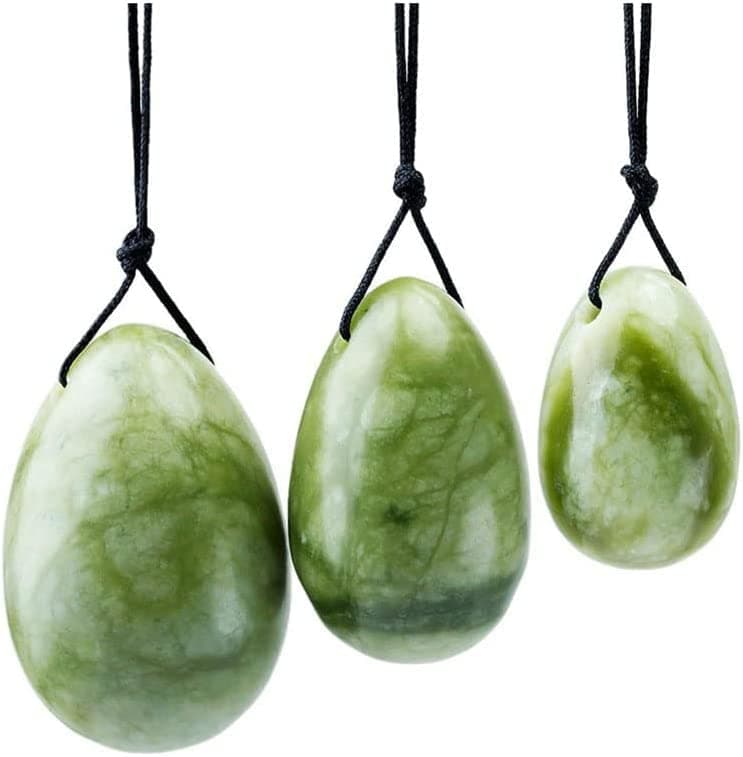 WEERSHUN 3pcs Set Quality Y-O-N-I Eggs Green Jade Eggs, Genuine Green Jade Massage Stone Eggs for Women Body Massage Muscle Training, Crystal Massage Stones Relax Exercise