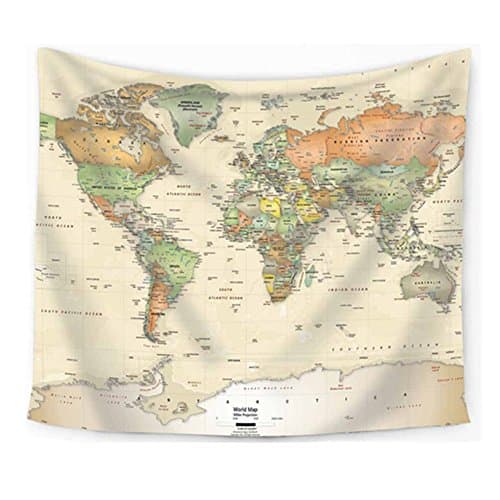 Einfachheit Map of World Tapestry Retro Watercolor World Map Wall Hanging Home Decoration Picnic Blanket (Light Yellow)