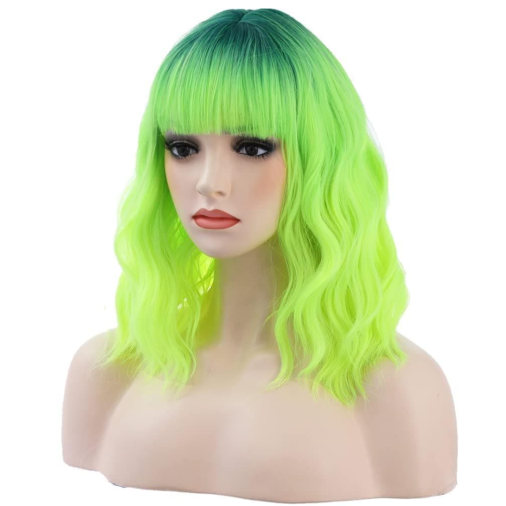 BERON 14 Inches Dark Root Ombre Green Wig Short Curly Wig with Bangs Green Wig Synthetic Wigs Women Girls Ombre Wig with Wig Cap