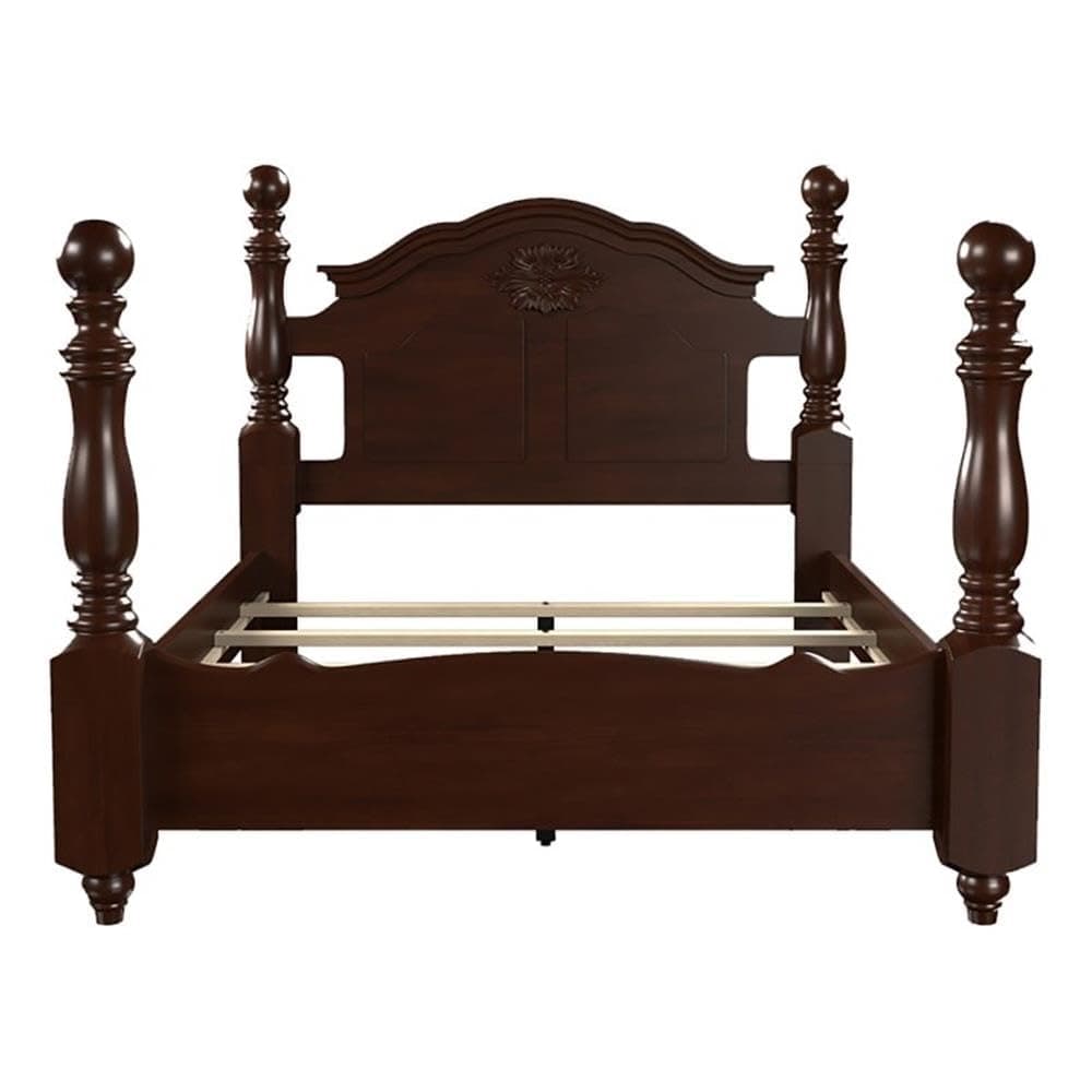 BOWERY HILL Traditional Wood Four-Poster Queen Bed in Glossy Dark Pine Brown