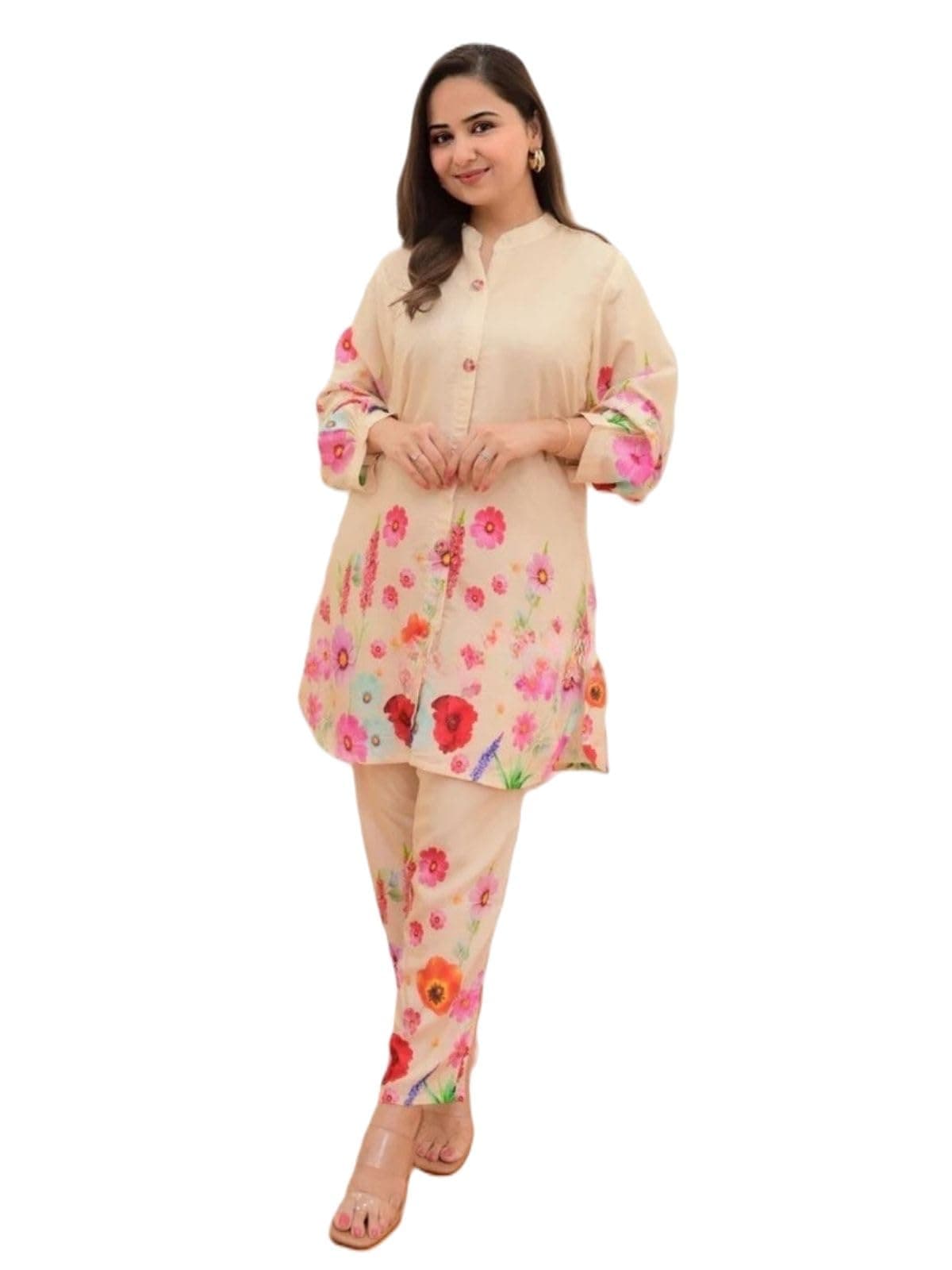 GRECIILOOKS Rayon Floral Regular Fit Stylish Kurta Ethnic for 3/4 Sleeve Women Co-ord Set (GL-W1817_Cream_3XL)