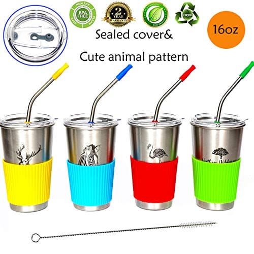 HomeyStyle Kids Stainless Steel Cups 16 oz With Sealed Lids & Bent Straw & Silicone Sleeves,Unbreakable Metal Drink Cup Drinking Tumblers for Adults, Children and Toddlers,4 Pack & Cute Pattern