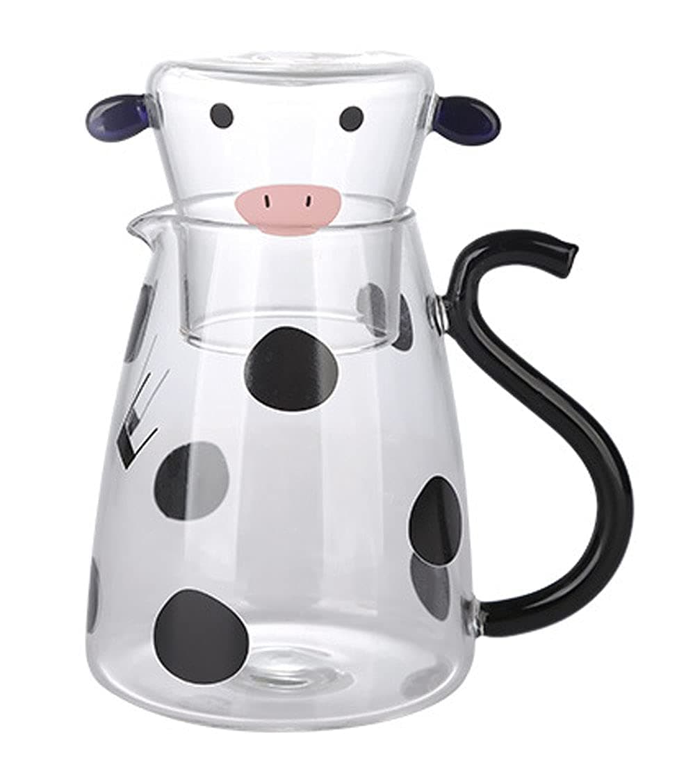 Cartoon Cow Clear Glass Bedside Night Water Carafe Set With Tumbler, Pitcher And Cup Night Set, 18 ounce