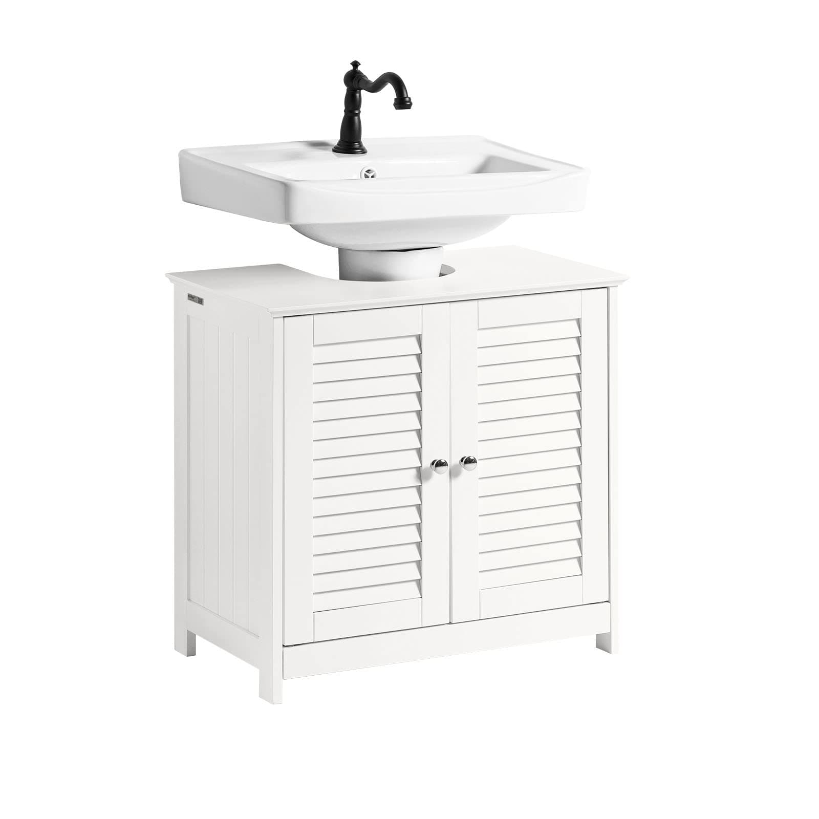 Under Sink Bathroom Cabinet with Adjustable Shelves, MDF Bathroom Storage Unit for Under Sink Storage, Anti-Mold Louvered Door, suitable for Pedestal Sinks, White, 60x58x35cm, FRG237-II-W