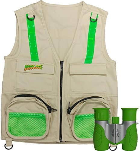 Combination Set: Eagle Eye Explorer Cargo Vest for Kids with Reflective Safety Straps and 8x21 Magnification Binoculars with Soft Rubber Eye Piece for Boys & Girls Waterproof and Shock-Resistant. M/L