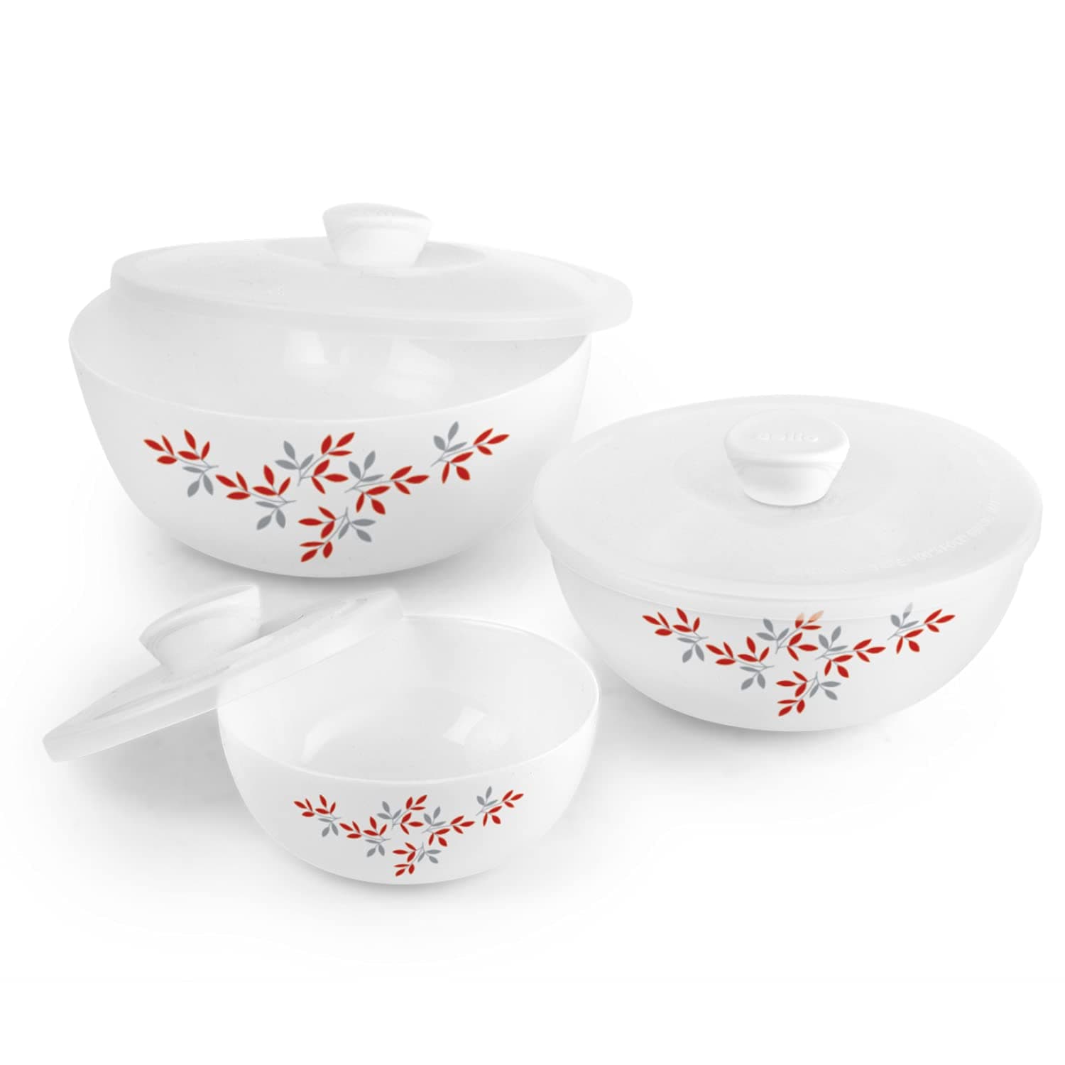 Cello Opalware Twilight Floral Mixing Bowls with Lid | 100% Vegetarian | (170z, 34oz, 510z) (Set of 3, White)