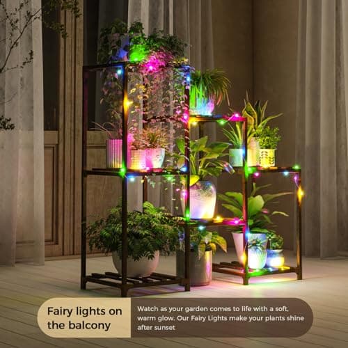 Bamworld Plant Stand with Fairy Lights 3 Tiers 7 Potted Ladder Plant Holder Wood Flower Stand for Home Decor, Plant Gift