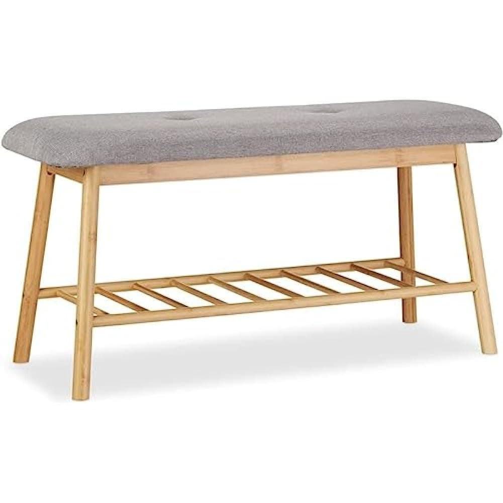 Relaxdays Bamboo Shoe Bench for 2, Padded Storage Rack for up to 4 Pairs, Comfy Shoe Stand, Natural-Grey