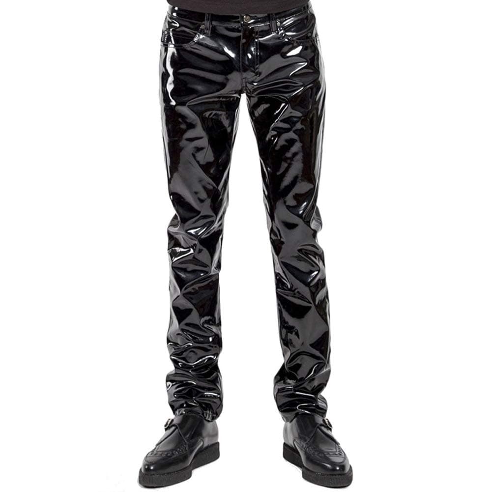 OLLOLCCY Men's Tight Trousers Jeans Style in PVC Black Classic Fly Front,Black,L