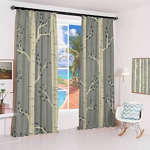 GUUVOR Grey Sunshade Sunscreen Curtain Birch Tree Branches Vintage Bohemian Contemporary Illustration of Nature Soundproof Shade W84 x L96 Inch Warm Taupe Pale Yellow