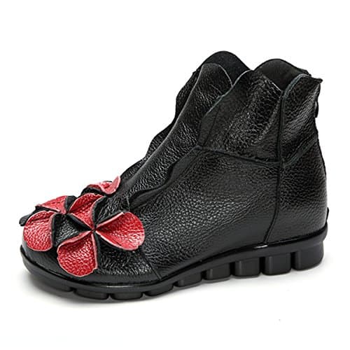 Socofy Zipper Flat Boots,Women's Soft Leather Ankle Vintage Unique Handmade Flower Round Topline Shoes