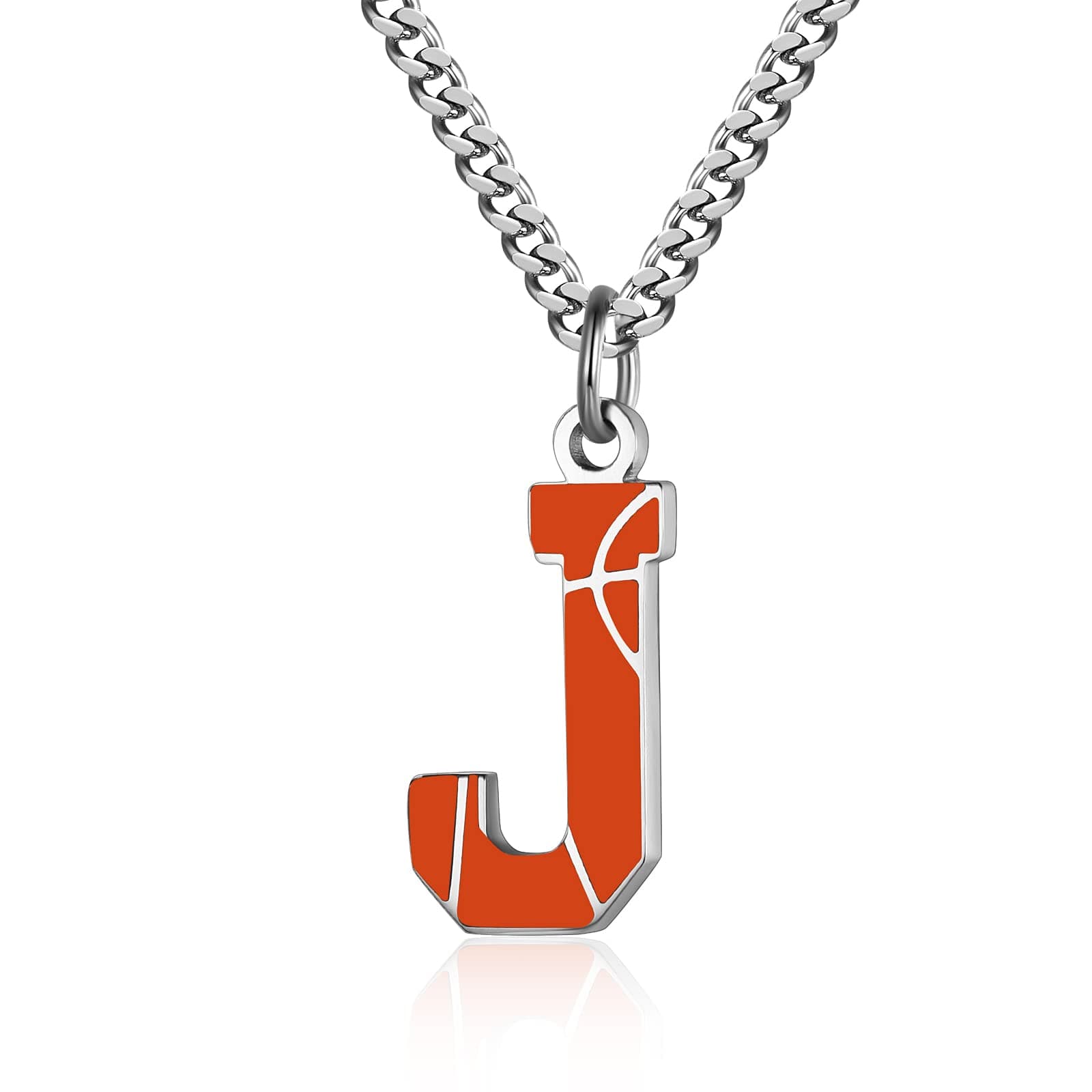 Basketball Letter Necklace - Men's Basketball Charm Pendant, Stainless Steel Silver Chain, 22 inch Personalized Gift