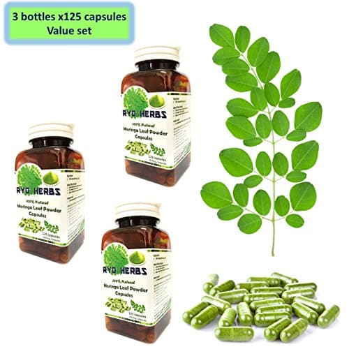 3 Bottles of 125 Capsules 100% Natural Moringa Oleifera Leaf Powder Capsule Dietary Supplement Herbal herb Remedies (3)