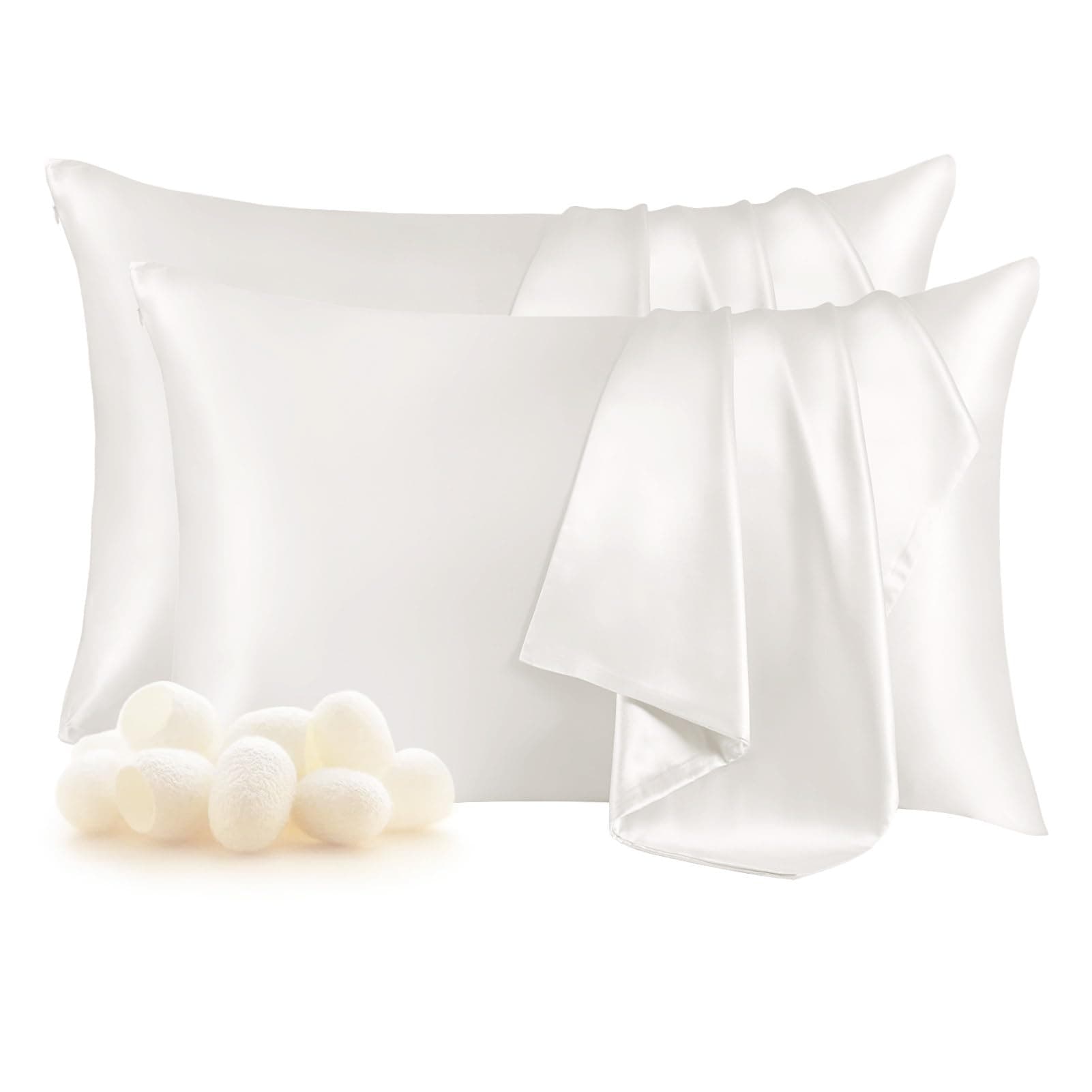 THXSILK Set of 2 100% Silk Pillowcase for Hair and Skin, Both Sides Grade 6A+ Mulberry Silk Pillow Case with Hidden Zipper, Soft and Smooth White Pillowcase, Queen Size 20"x30"