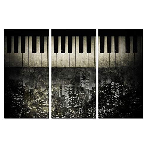 LevvArts - 3 Piece Canvas Wall Art Vintage Old Piano Keyboard with New York City Background Picture Printed on Canvas Painting Antique Wall Decoration Gallery Wrap Music Canvas Artwork Ready to Hang