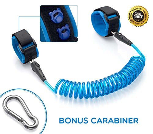 Anti-Lost Child Leash with Special Button Closure Design. Wristband Strap Harness Kit for Toddlers and Kids Plus Bonus Carabiner (Blue, Single Leash)