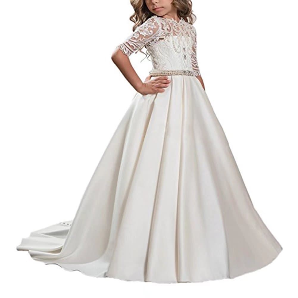 Lowime Fancy Half Sleeves Pearl Flower Girl Dresses Open Back Girls Communion Dress P15