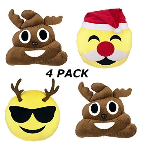 Emoji Christmas Pillow Bundle | 4 Expression Emoticons, 1 Santa, 2 Reindeer Poops & 1 Reindeer Cool Guy | Stuffed Plush Cushion for Christmas Gifts, Home Decorations & Decorative Couch Throw Pillow