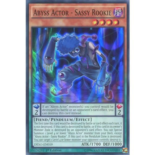 DESO-EN019 1st Ed Abyss Actor - Sassy Rookie Super Rare Card Destiny Soldiers Yu-Gi-Oh Single Card