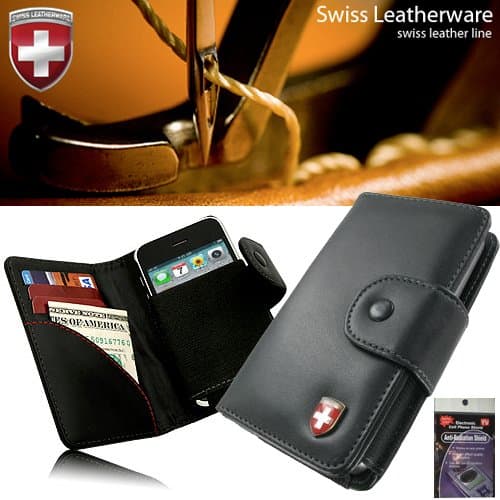 Swiss Leatherware Genuine Leather Wallet Carry Case with NO Clip on the Back and Snap Closure for NEC Terrain. Bundle Pack 2 Pieces Comes with Case and Screen Protectors and Radiation Shield.
