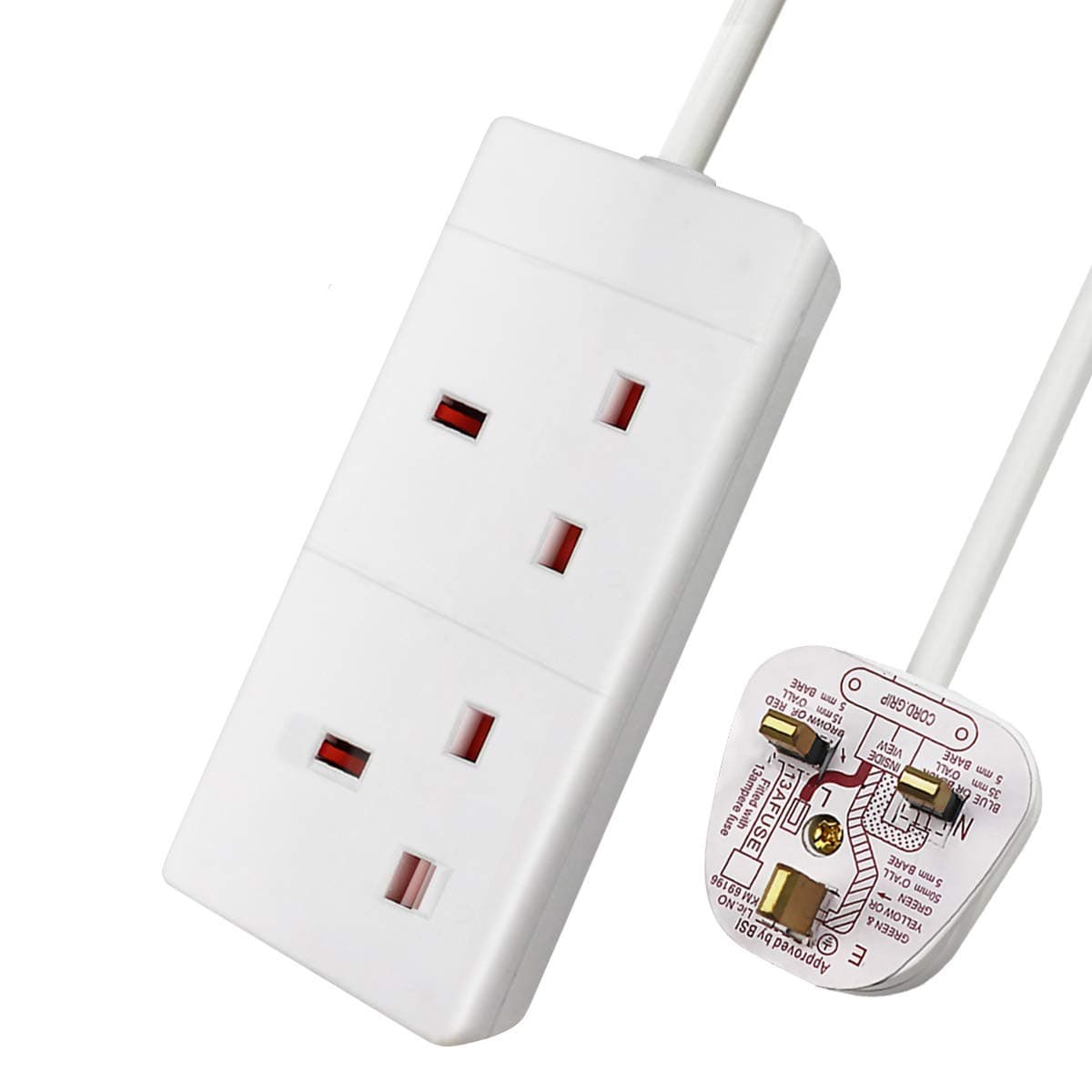 ExtraStar 2 Way Extension Lead, 13A Fused UK Plug Extension Socket, 5M Extension Cable Power Strip - White